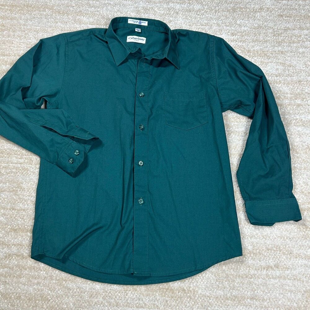 Berlioni Dress Shirt Mens 14 Green Long Sleeve Button Front Pocket Cotton Blend